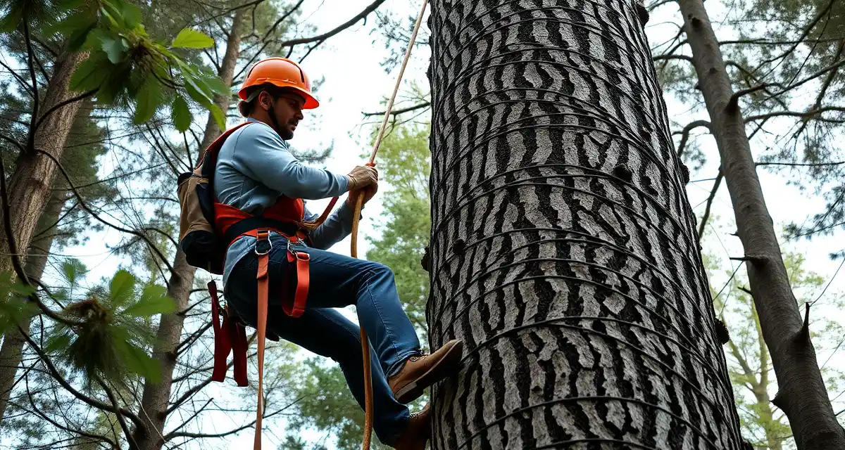 ANSI Z133 Safety Standards in Action Certified arborist demonstrating ANSI Z133 safety compliance while performing professional tree removal work with proper protective equipment