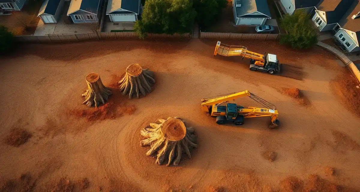 Lot clearing estimation and project management complexities Cleared lot with tree stumps showing land clearing project challenges for tree service business management software.