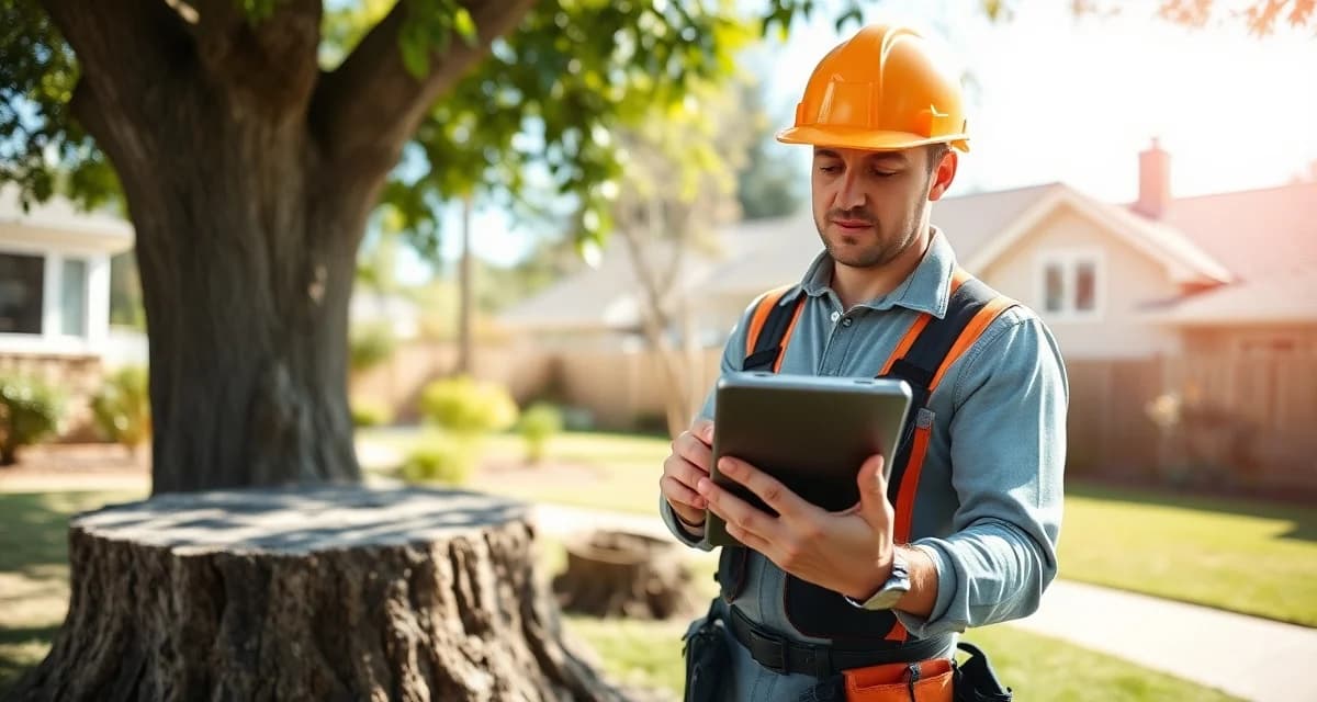 Field crew mobile app management for tree service businesses Tree service field crew using mobile app on tablet to manage stump removal job scheduling and updates