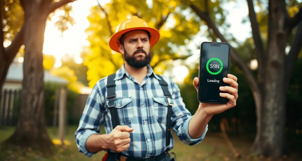 Field technician facing software performance delays Tree service professional experiencing Arborgold slow loading issues on mobile device in customer's yard
