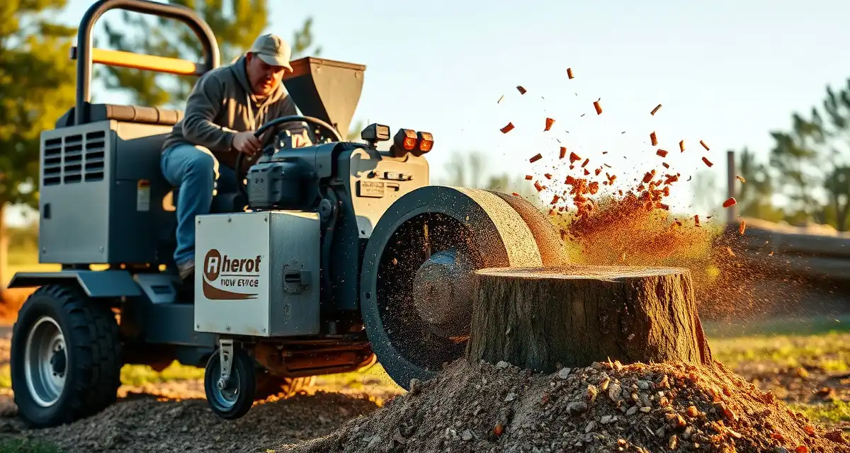 Stump grinding operation requiring specialized business management software Stump grinding machine demonstrating professional tree service equipment capabilities and limitations compared to purpose-built management software.