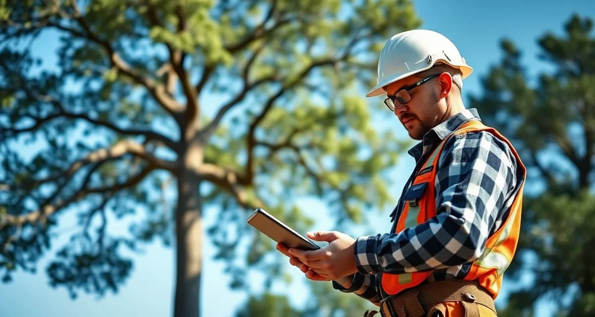 Fast tree removal quoting workflow comparison Arborist comparing tree removal quoting software solutions using digital tablet in the field with large tree visible