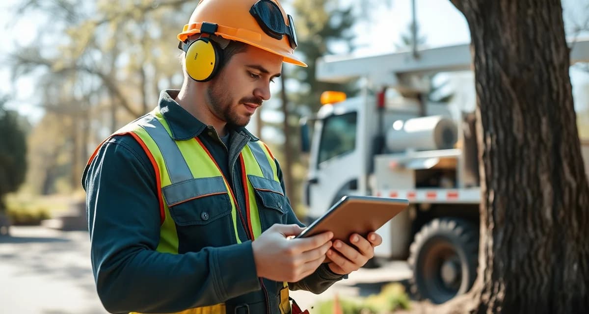 Tree service compliance management review Arborist reviewing Arborgold compliance features and safety documentation on digital device at work site