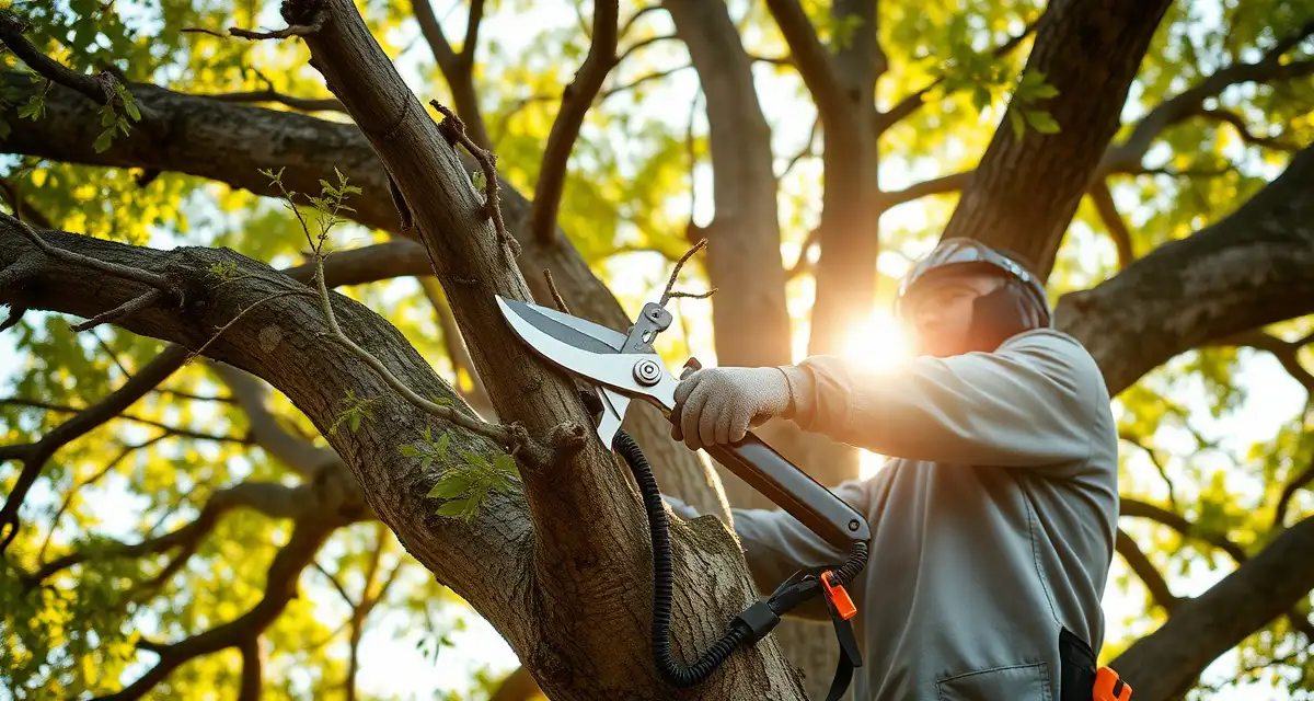 Professional tree trimming and pruning techniques Arborist trimming tree branches with professional equipment, demonstrating tree service operations management