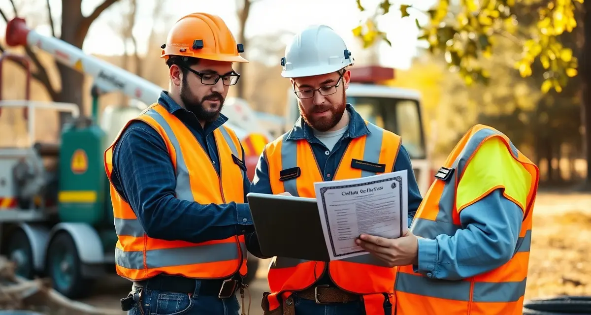 Digital certification management for arborist crews Tree service crew members reviewing arborist certifications and compliance records on a digital management system