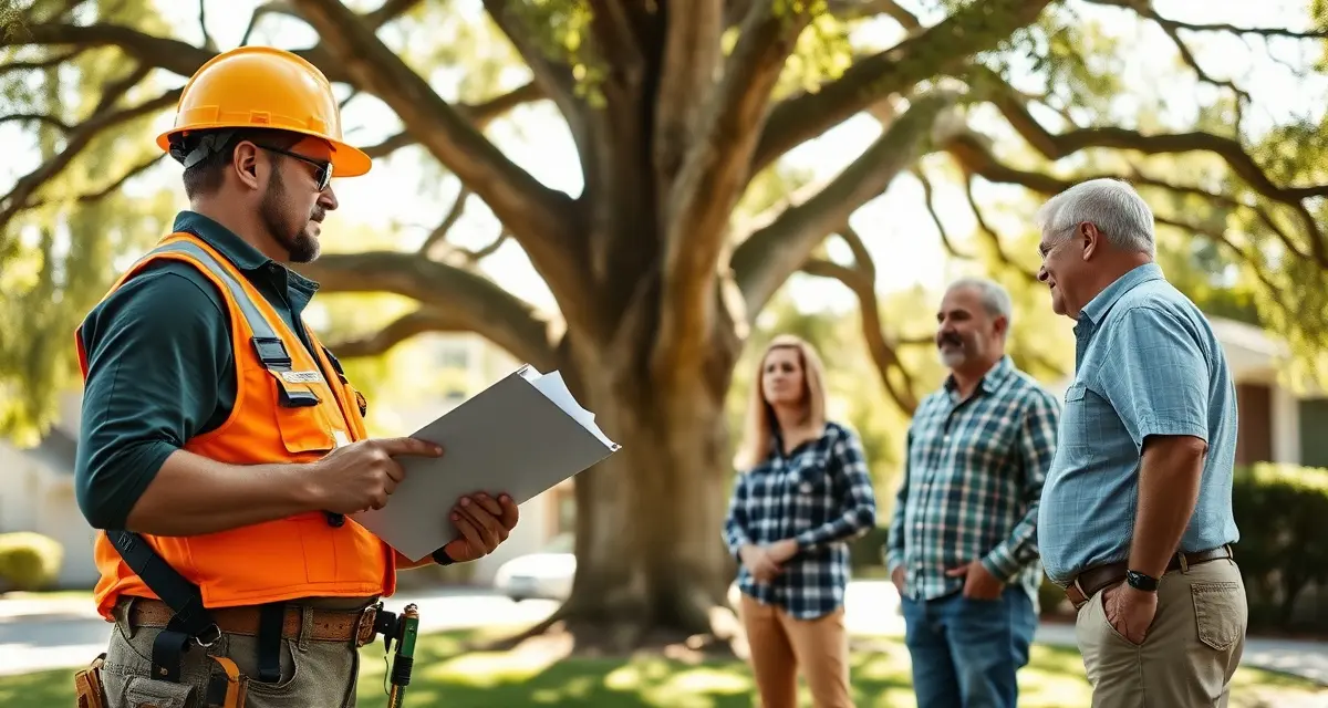 Insurance-ready arborist assessment process Certified arborist performing ISA-standard tree assessment for insurance claim documentation with homeowner present