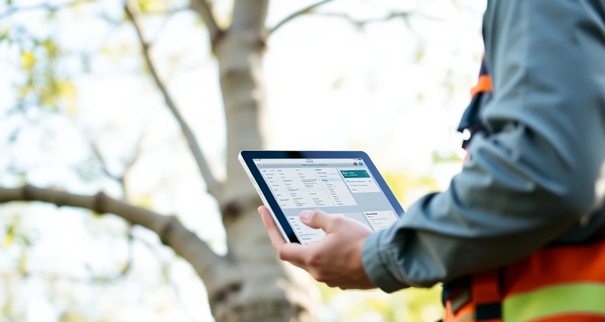 ArboStar mobile app review for tree service crews Arborist reviewing ArboStar mobile app on tablet during tree service field operations with ISA compliance workflow