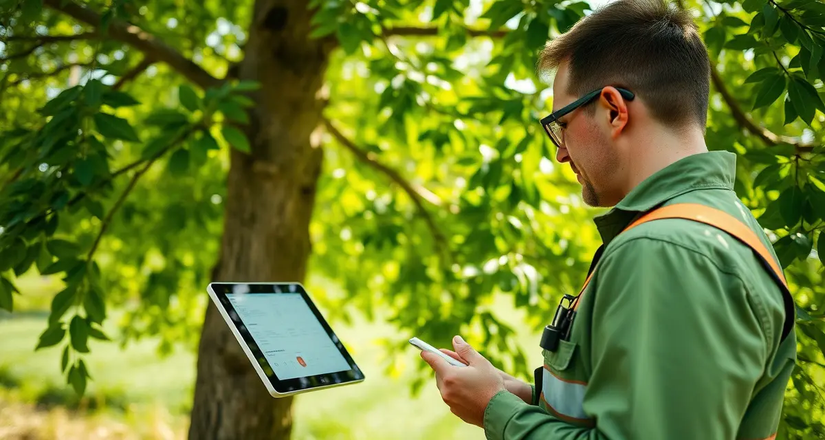 Tree health assessment with ArboStar software platform Arborist conducting tree health assessment using ArboStar software on tablet in field with healthy green trees
