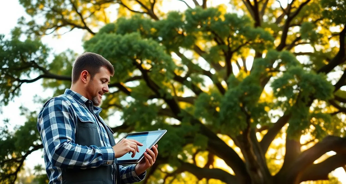 ArboStar tree service management platform in action Arborist reviewing ArboStar tree trimming software features on tablet with live tree work in background