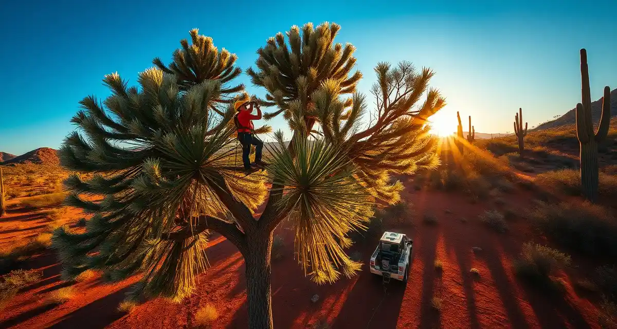 Tree service operations in Arizona desert climate Arizona tree service crew trimming Palo Verde tree in desert landscape with specialized software management