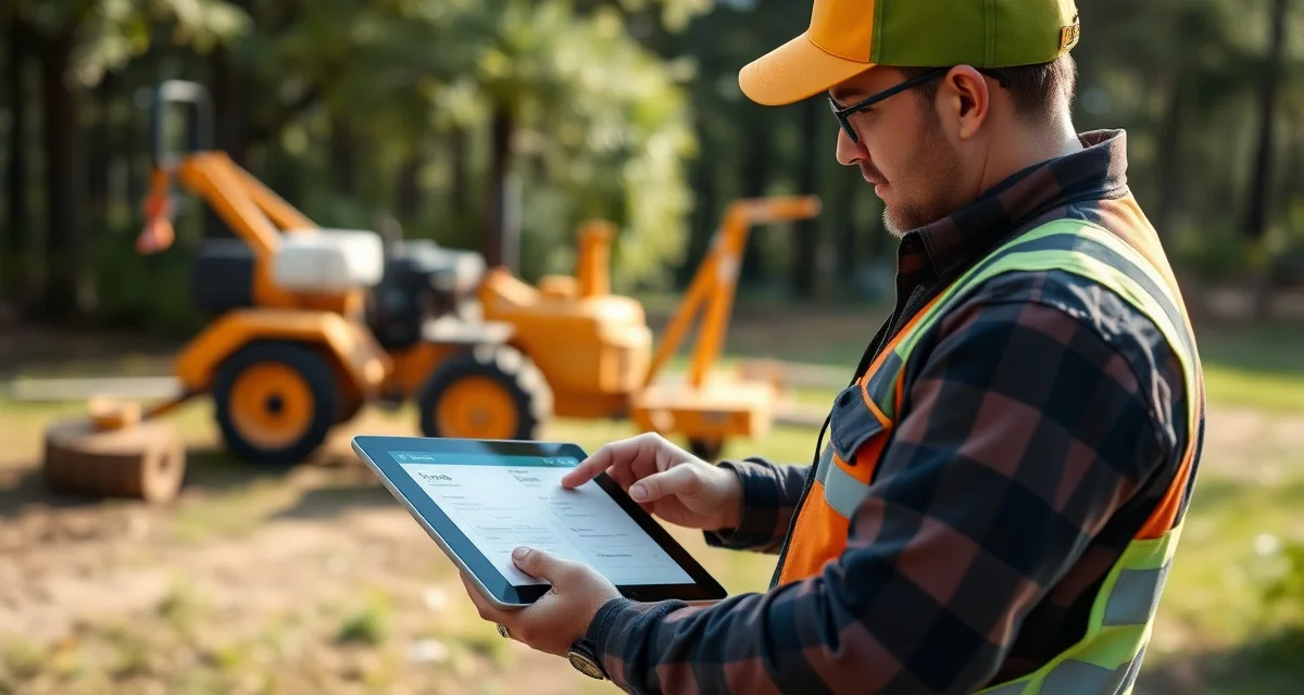 ServiceTitan Aspire field management software for tree companies Tree service crew using Aspire mobile app on tablet to manage field operations and stump removal jobs