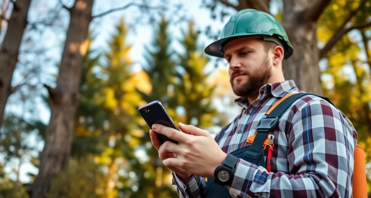 Mobile field service management on Android devices Tree service worker using Android smartphone app to manage field operations and stump removal jobs