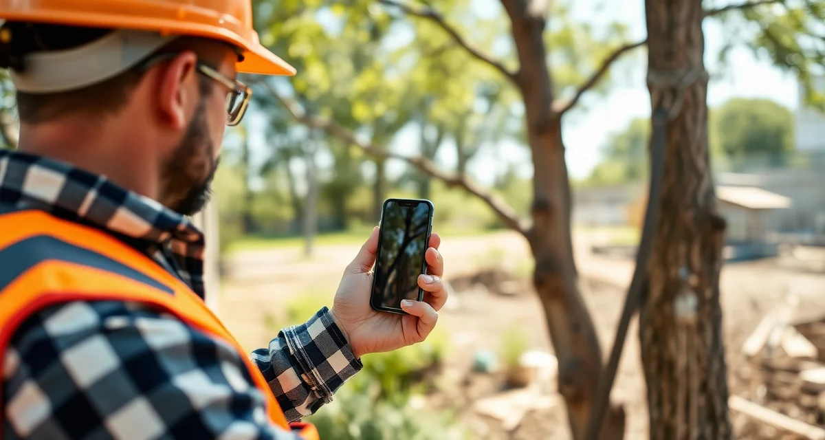 Mobile tree service management software in action Tree service professional using iPhone app to manage stump removal job quotes and proposals in the field.