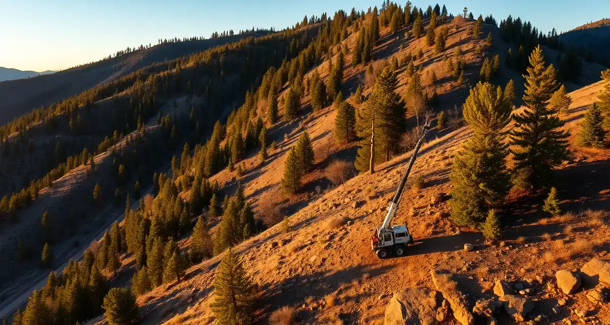 Colorado tree service operations on challenging mountain slopes Tree service crew working on steep Colorado mountain terrain with modern equipment and forestry management software solutions