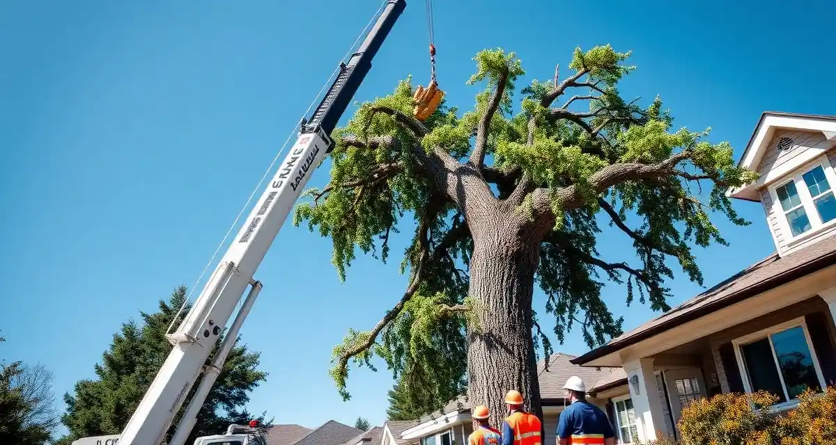 Crane tree removal equipment and crew coordination Professional tree service crane removing large tree with crew coordinating ground operations and safety equipment visible on residential job site