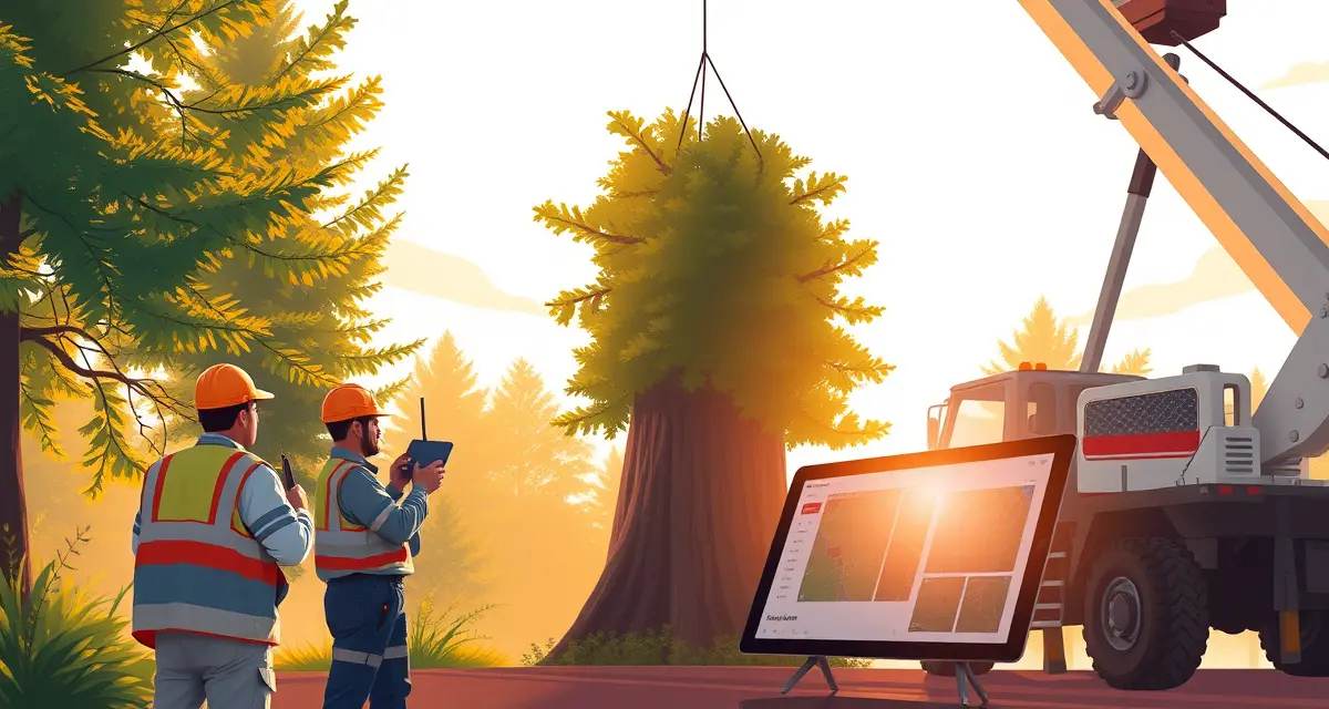 Crane tree removal job coordination with specialized software Tree service crew using crane removal software to coordinate equipment and ground crew during a complex tree removal job