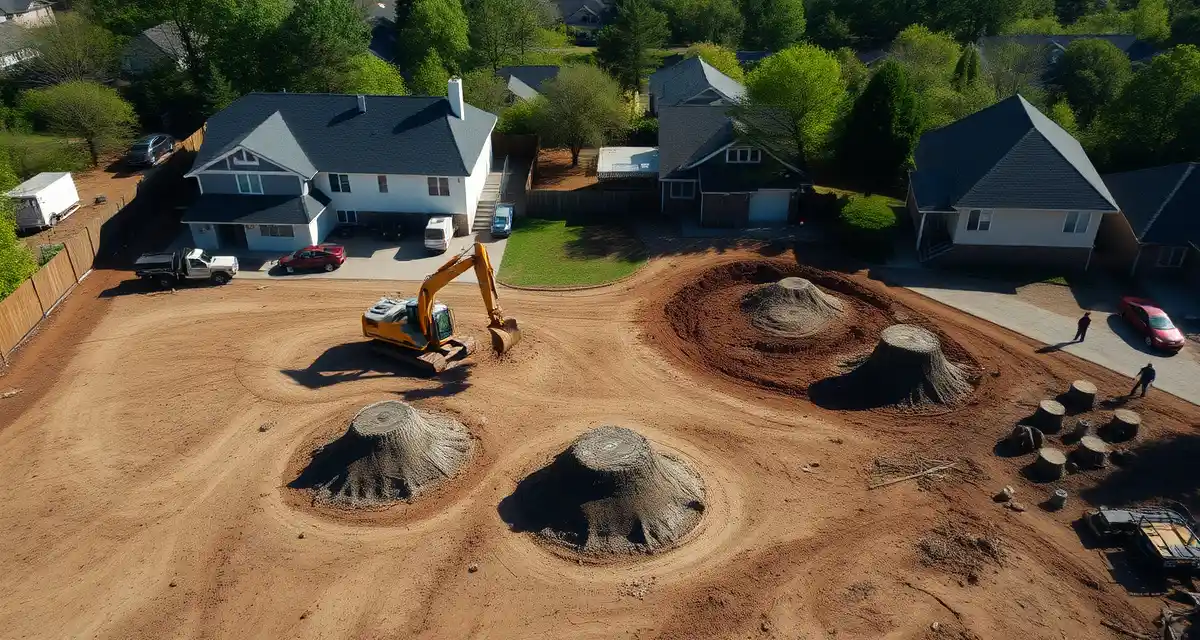 Lot clearing crew with equipment and workflow management Professional crew managing lot clearing project with heavy equipment, demonstrating efficient stump removal and debris management using Crew Control software.