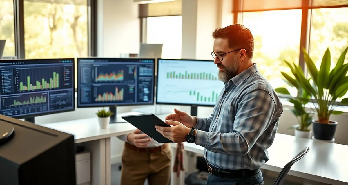 Crew Control platform analysis for tree companies Tree service manager analyzing Crew Control software reviews and scheduling platform performance metrics on digital dashboard