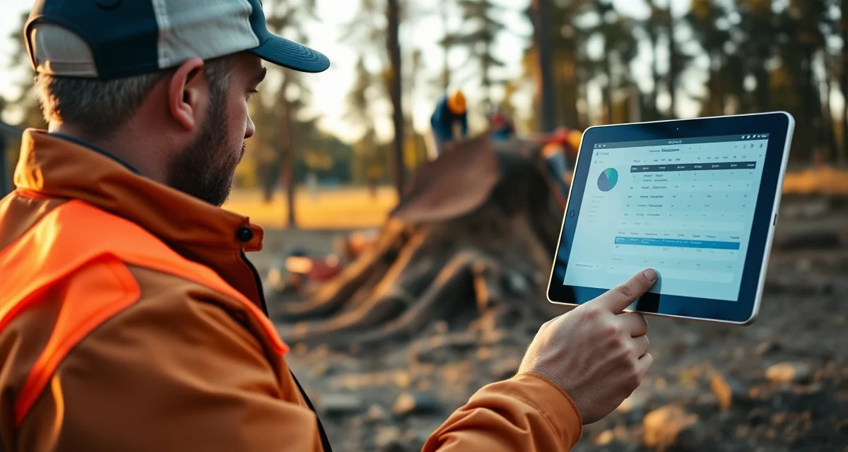 Stump grinding crew scheduling and job management Tree service manager using scheduling software for stump grinding job management with field crew working in background