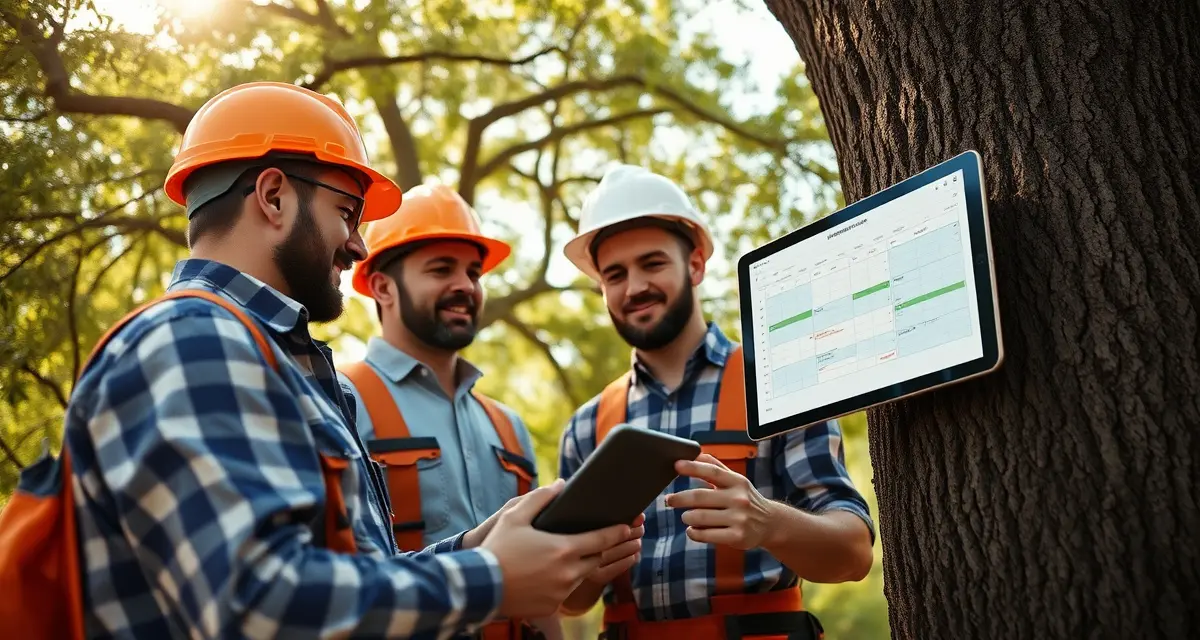 Crew Control vs StumpIQ tree removal scheduling interface comparison Tree removal crew using scheduling software on tablet in field with management dashboard displayed on screen