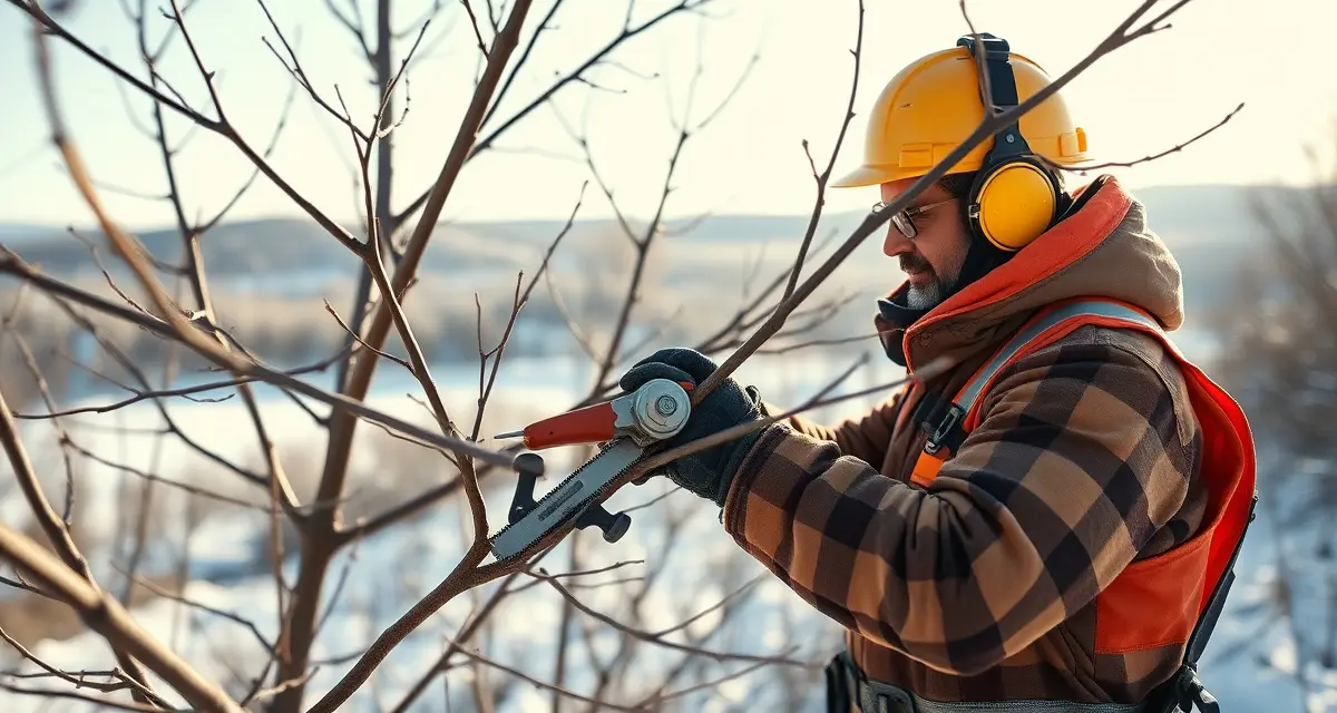 Winter dormant pruning best practices for tree care professionals Arborist performing dormant tree pruning during winter season with professional equipment and safety gear