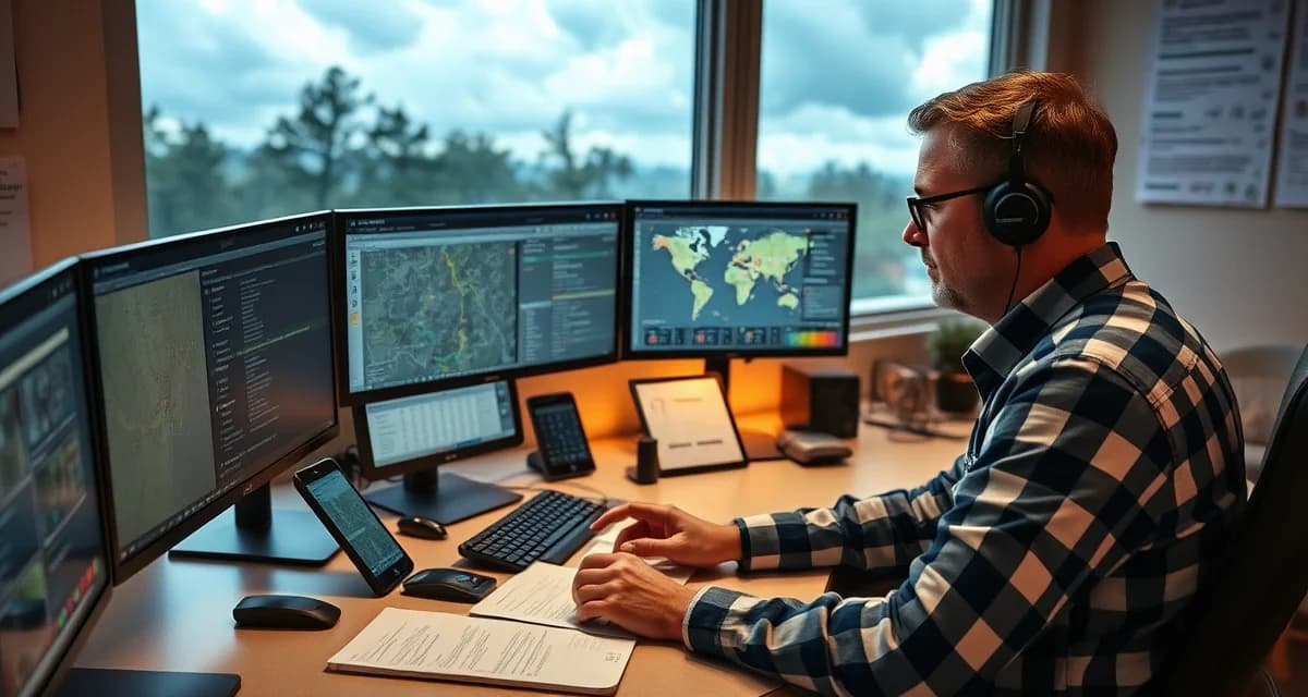 Real-time crew dispatch during emergency tree service operations Emergency tree service dispatcher managing crew assignments and job priorities using crew control scheduling software during storm response.