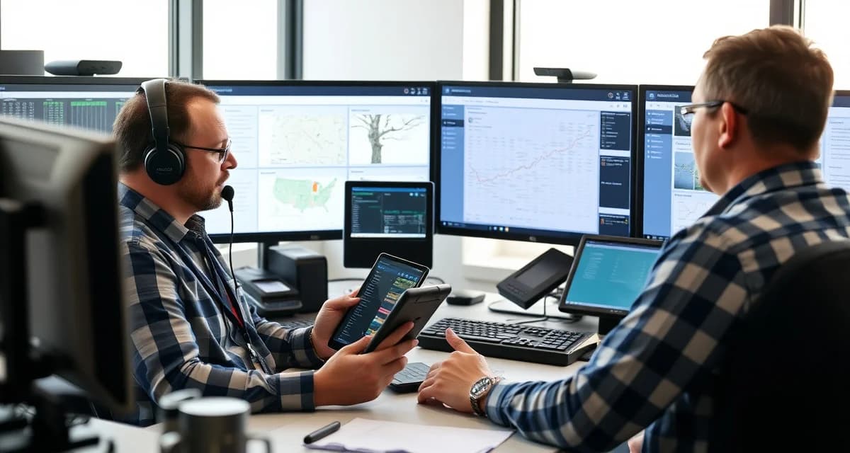 Real-time emergency tree service dispatch coordination Emergency tree service dispatch manager coordinating storm response crews with real-time job management software