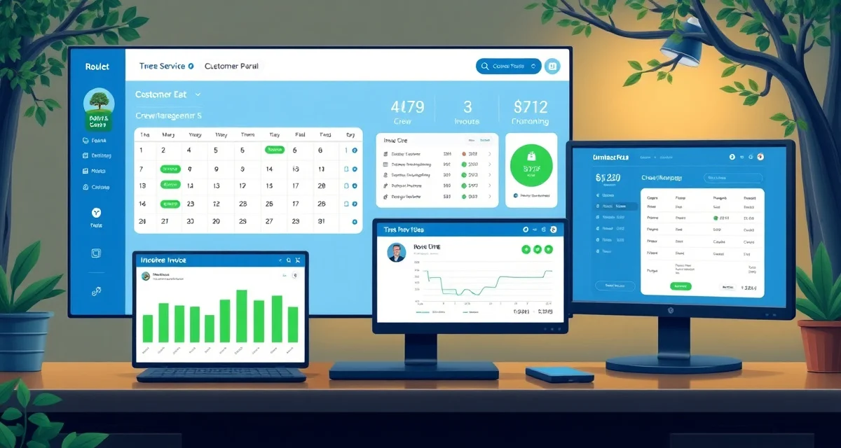 Tree service software portal interface Enterprise customer portal dashboard for large tree service companies with 6+ crews showing booking calendar, crew assignments, and billing management