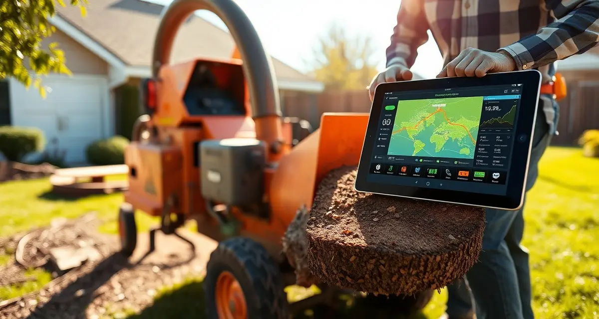 GPS equipment tracking solution for tree service fleet management Tree service equipment tracking system showing tagged chainsaw, chipper, and truck with GPS monitoring dashboard for fleet management