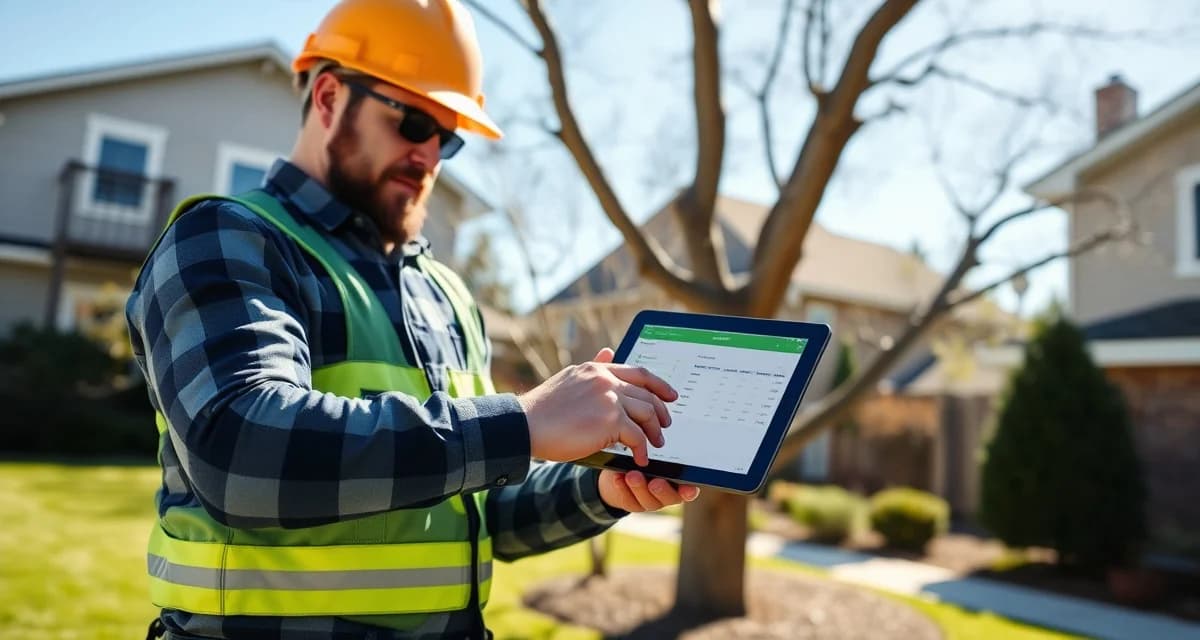 Tree company professional managing jobs with field service software Arborist using field service software on tablet to manage tree removal and stump service jobs in the field