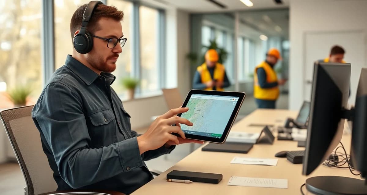 GPS dispatch management for tree service operations Tree service dispatcher managing GPS dispatch software showing real-time crew locations and job assignments on tablet