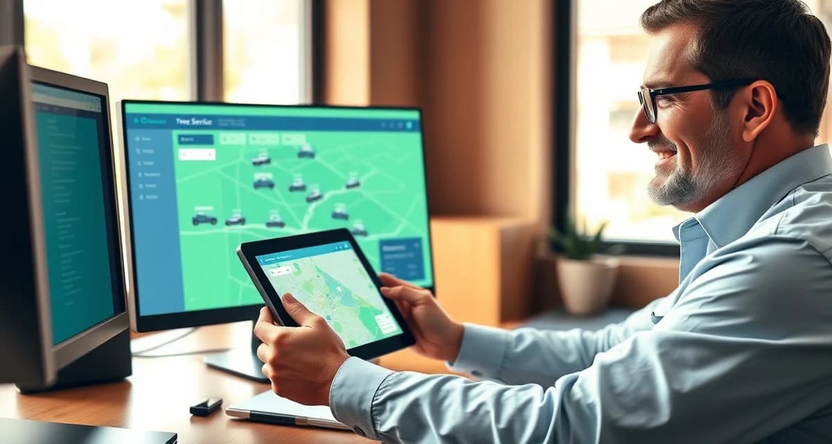 GPS crew accountability system for tree service operations Tree service manager monitoring GPS crew tracking dashboard on tablet, showing real-time truck locations and dispatch optimization for improved accountability.