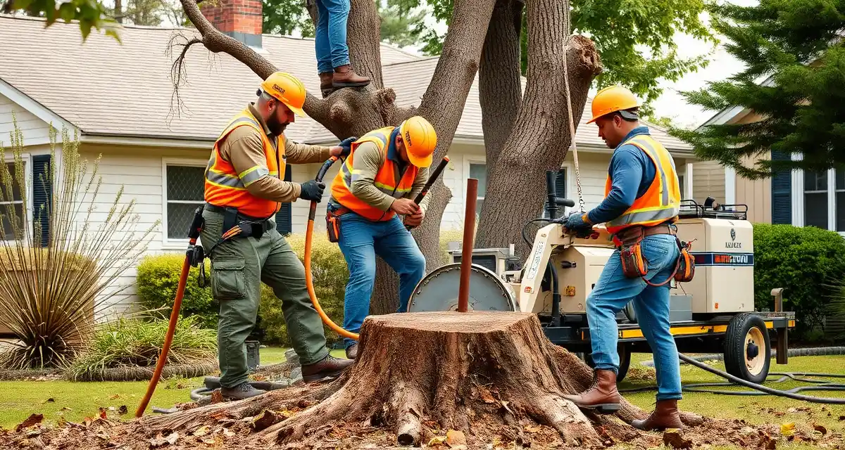Experienced arborists working together on residential tree service job Professional tree service crew members performing safe tree removal work with proper safety equipment and expertise