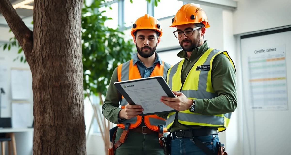 Digital certification management for tree service teams Arborist reviewing ISA certification tracking software on tablet to ensure team compliance and prevent lapsed certifications