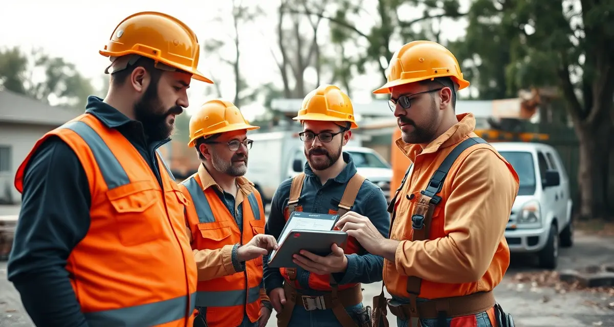 ISA credential compliance tracking for tree service teams Tree service crew members reviewing ISA safety compliance credentials and renewal dates on a digital management system tablet