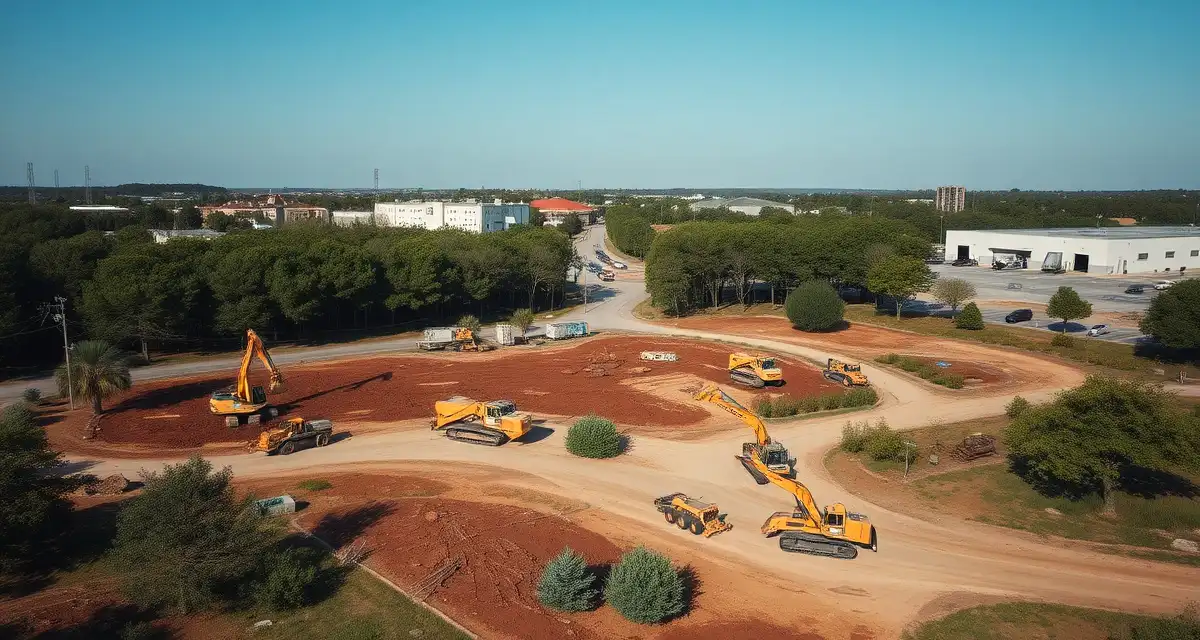 Jobber lot clearing project management capability Commercial lot clearing project with heavy equipment and multiple crews coordinating complex multi-phase tree removal and land clearing work