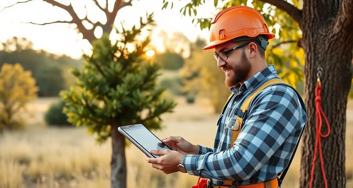 Jobber tree trimming management platform in action Tree trimming company using Jobber software on tablet to manage estimates and scheduling in the field