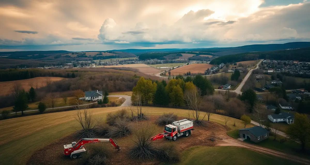 Storm recovery operations for Kentucky tree companies Tree service crew operating equipment during Kentucky storm recovery with mixed terrain and residential properties visible