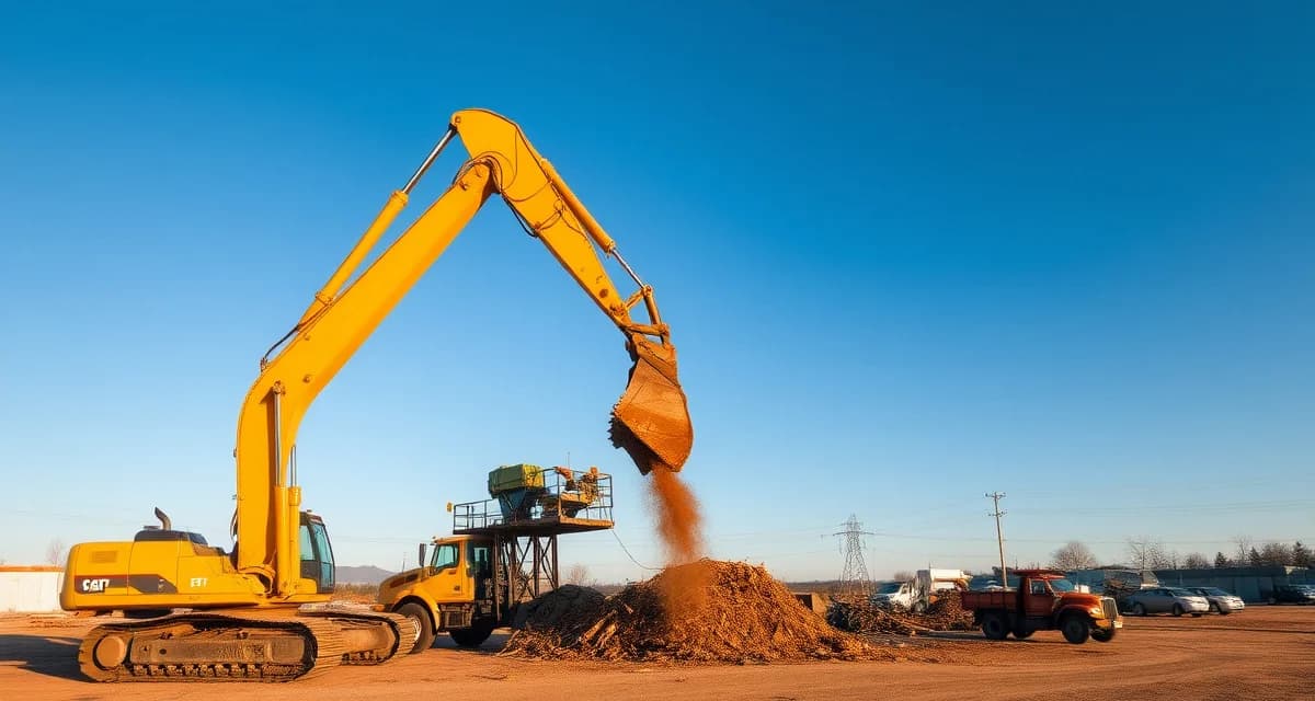 Lot clearing software for tree service operations and equipment coordination Heavy equipment clearing a commercial lot with excavators and trucks removing trees and debris during a professional lot clearing operation.