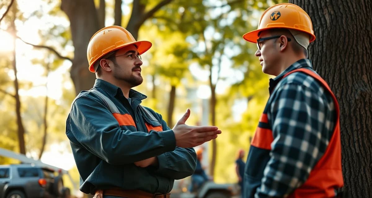 Subcontractor management and quality control in tree service Tree service manager overseeing subcontractor crew during professional stump removal and tree work job site inspection.