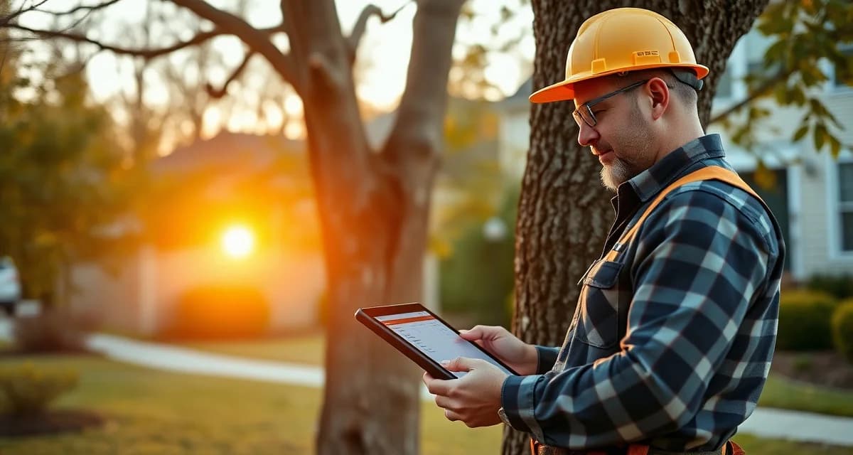 StumpIQ tree service management platform for Maryland contractors Tree service software interface displayed on tablet with Maryland arborist managing stump removal permits and scheduling