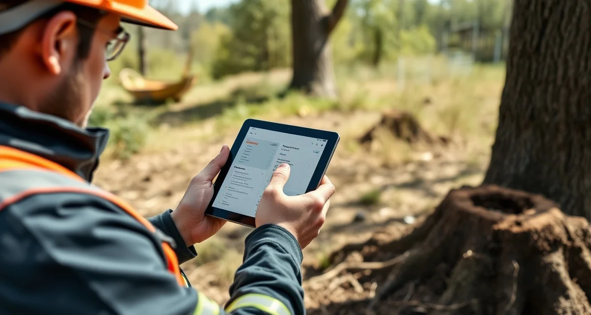 Mobile field service management for tree companies Arborist using mHelpDesk mobile app on tablet for tree service field operations and stump removal job management