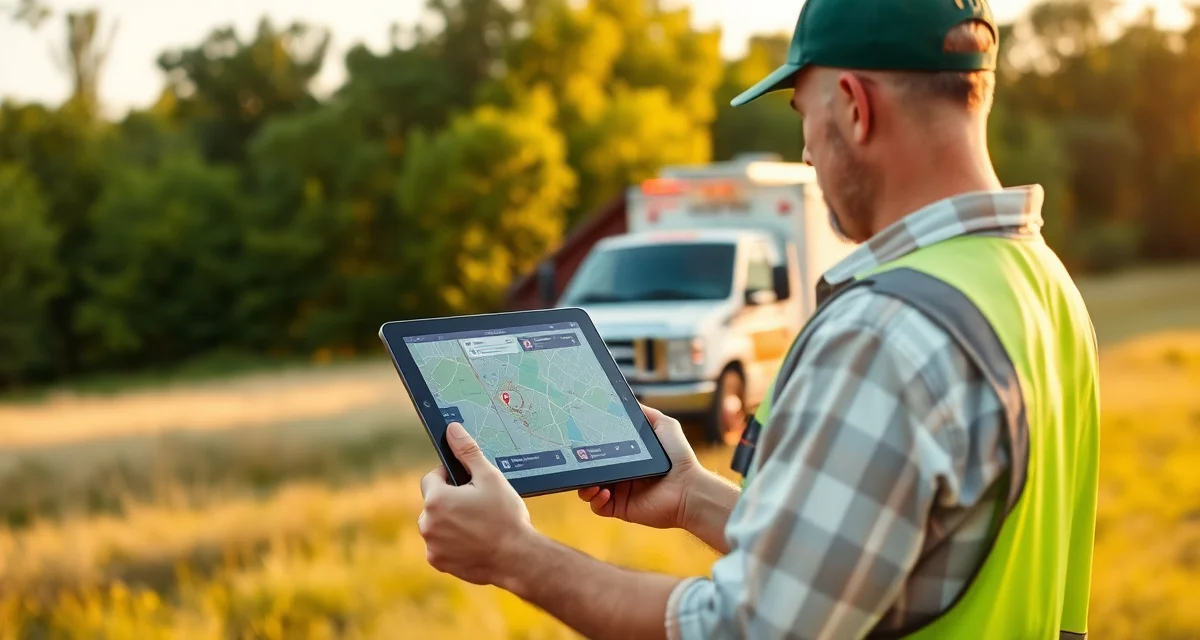 StumpIQ software simplifies Nebraska tree service operations Tree service professional using GPS dispatch software on tablet for Nebraska job management and stump removal scheduling