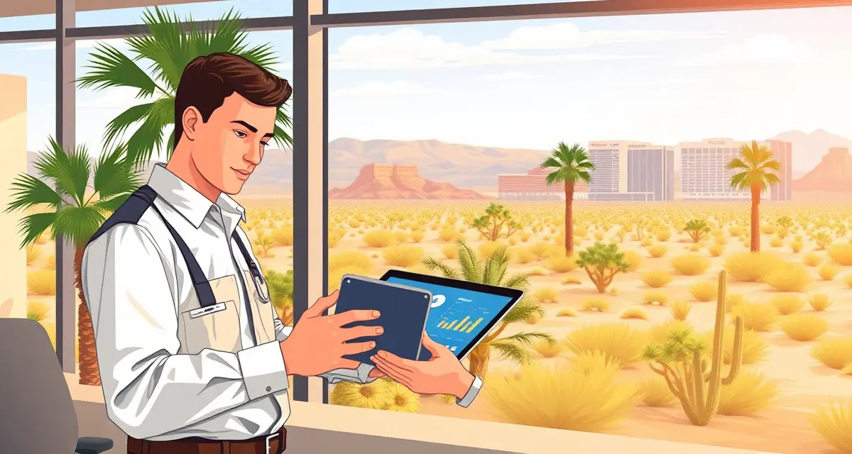 StumpIQ tree service management platform for Nevada companies Tree service software interface displayed on tablet with Nevada desert landscape background showing palm trees and residential growth