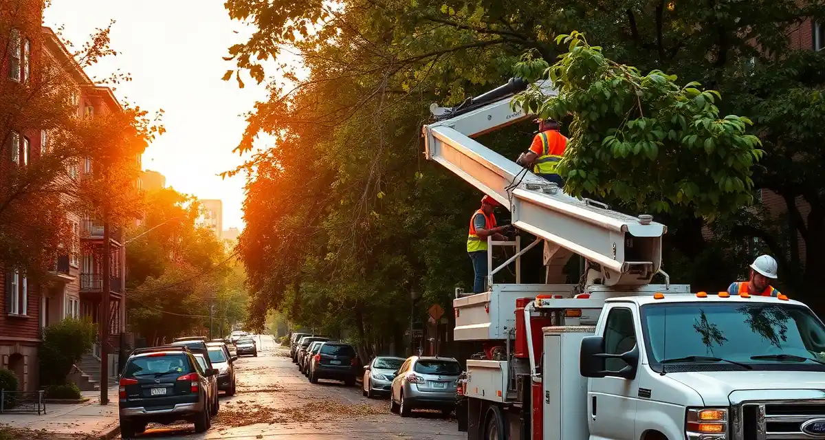 Northeast Tree Service Storm Season Operations Professional tree service crew managing storm damage removal in dense Northeast urban environment with specialized equipment