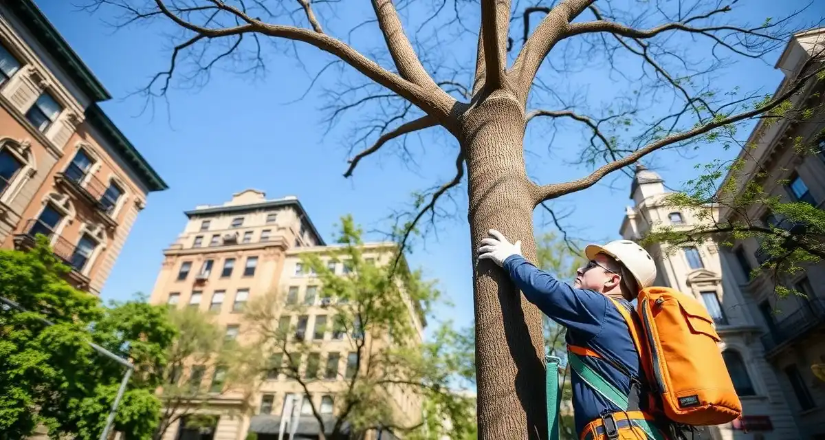 StumpIQ tree service software for New York arborists Tree service professional conducting urban tree assessment in New York City using management software tools