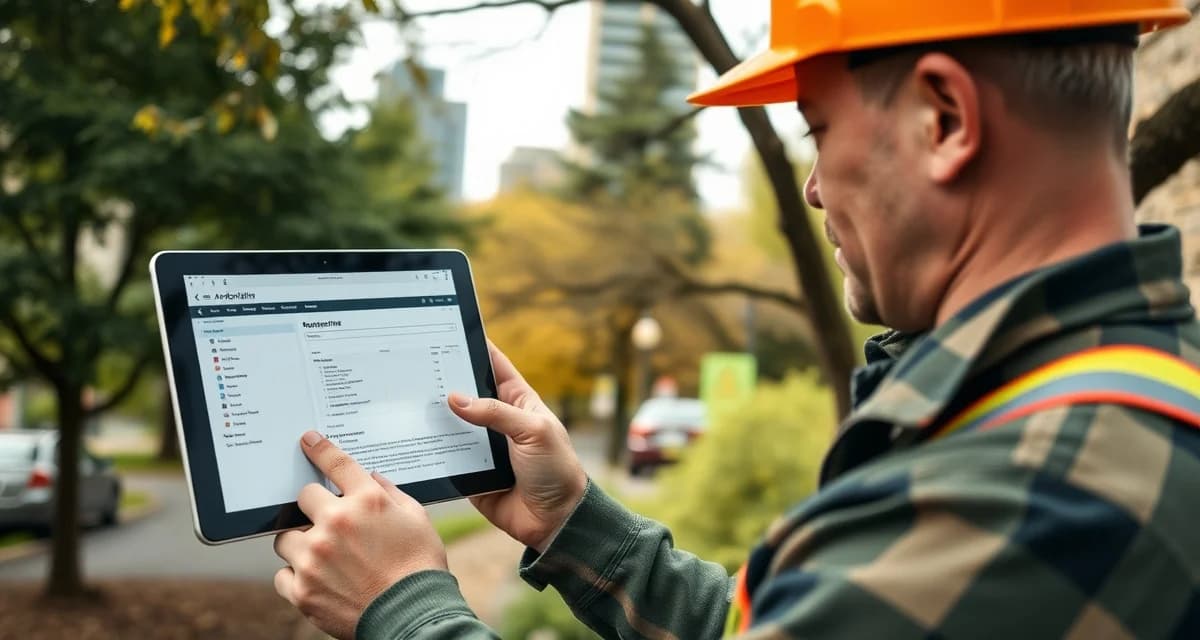Tree Service Software for Oregon Compliance Arborist reviewing tree service software on tablet for Oregon urban tree code compliance and permit management