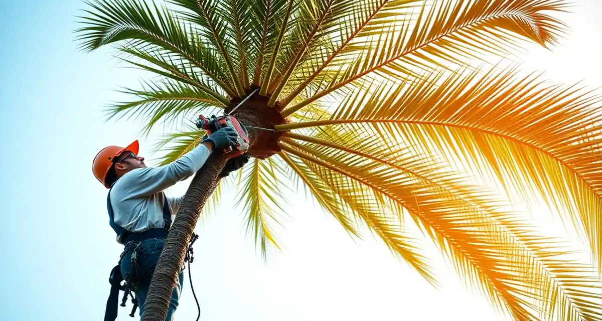 Palm tree trimming service with professional equipment Professional arborist using specialized equipment to trim a large palm tree, demonstrating palm tree service software quoting and scheduling