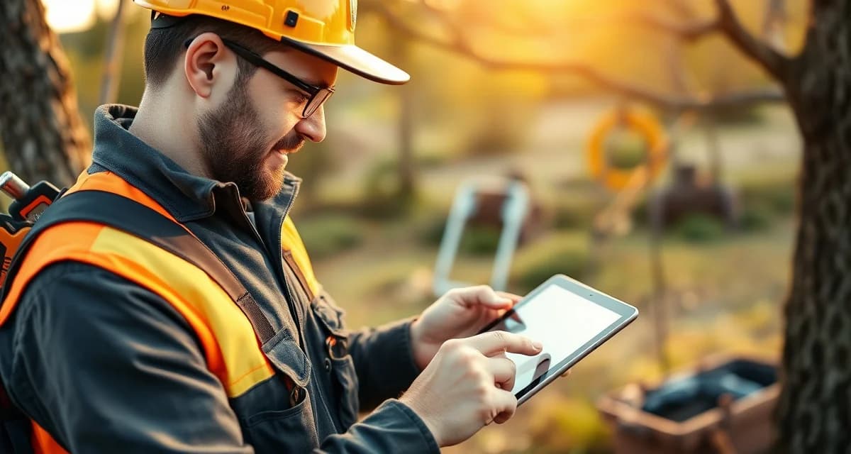 Field service app for tree companies Tree service technician reviewing mobile app assignment on tablet for stump removal job management