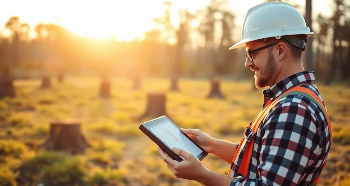 QuickBooks Field Service support for tree care professionals Arborist reviewing QuickBooks Field Service on tablet during tree service job with truck visible in background
